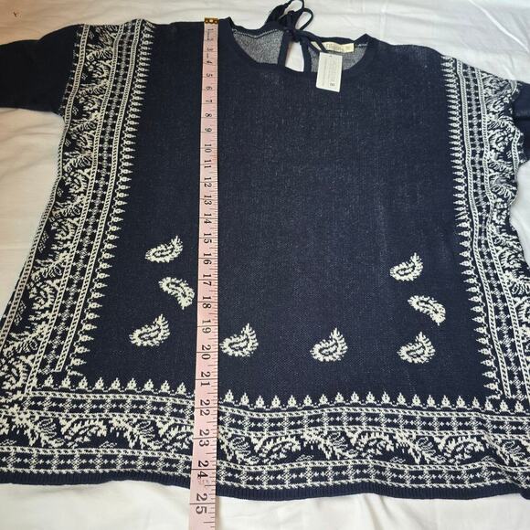 NWT Jacqueline B Cotton Sweater L Navy Blue Paisley Printed Tie Neck Long Sleeve - Picture 4 of 7